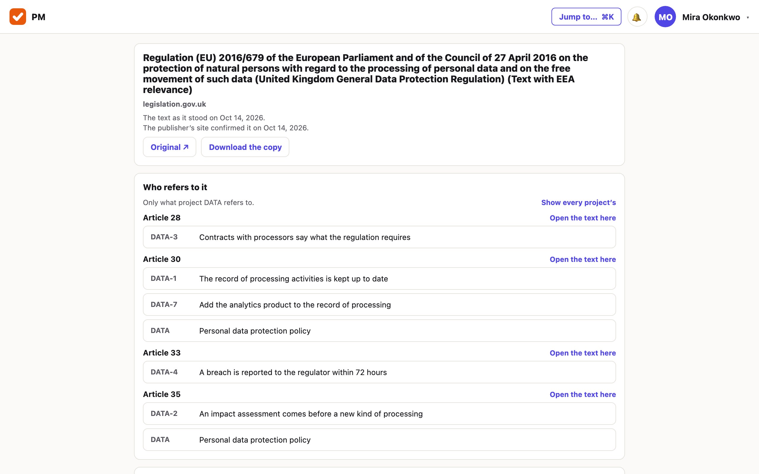 The card of the UK GDPR, read from legislation.gov.uk. Under its title and dates, a section «Who refers to it» groups issues and a policy by Article 28, Article 30, Article 33 and Article 35.