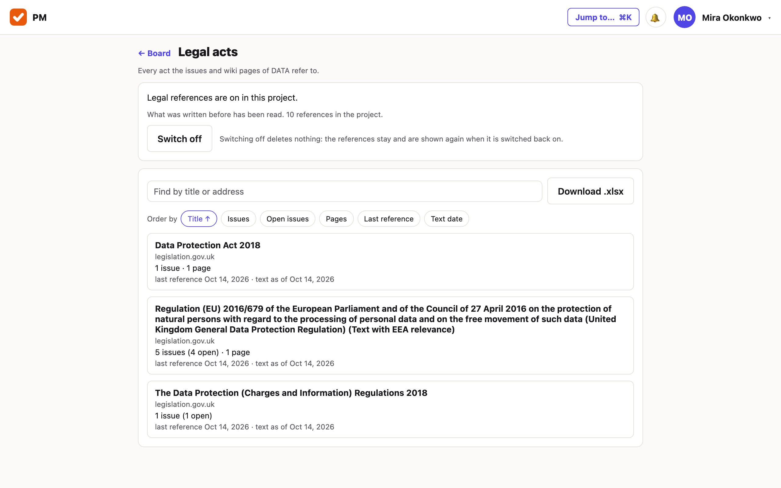 A screen titled «Legal acts» listing three acts: the Data Protection Act 2018, the UK GDPR with «5 issues (4 open) · 1 page», and the charges regulations of 2018.
