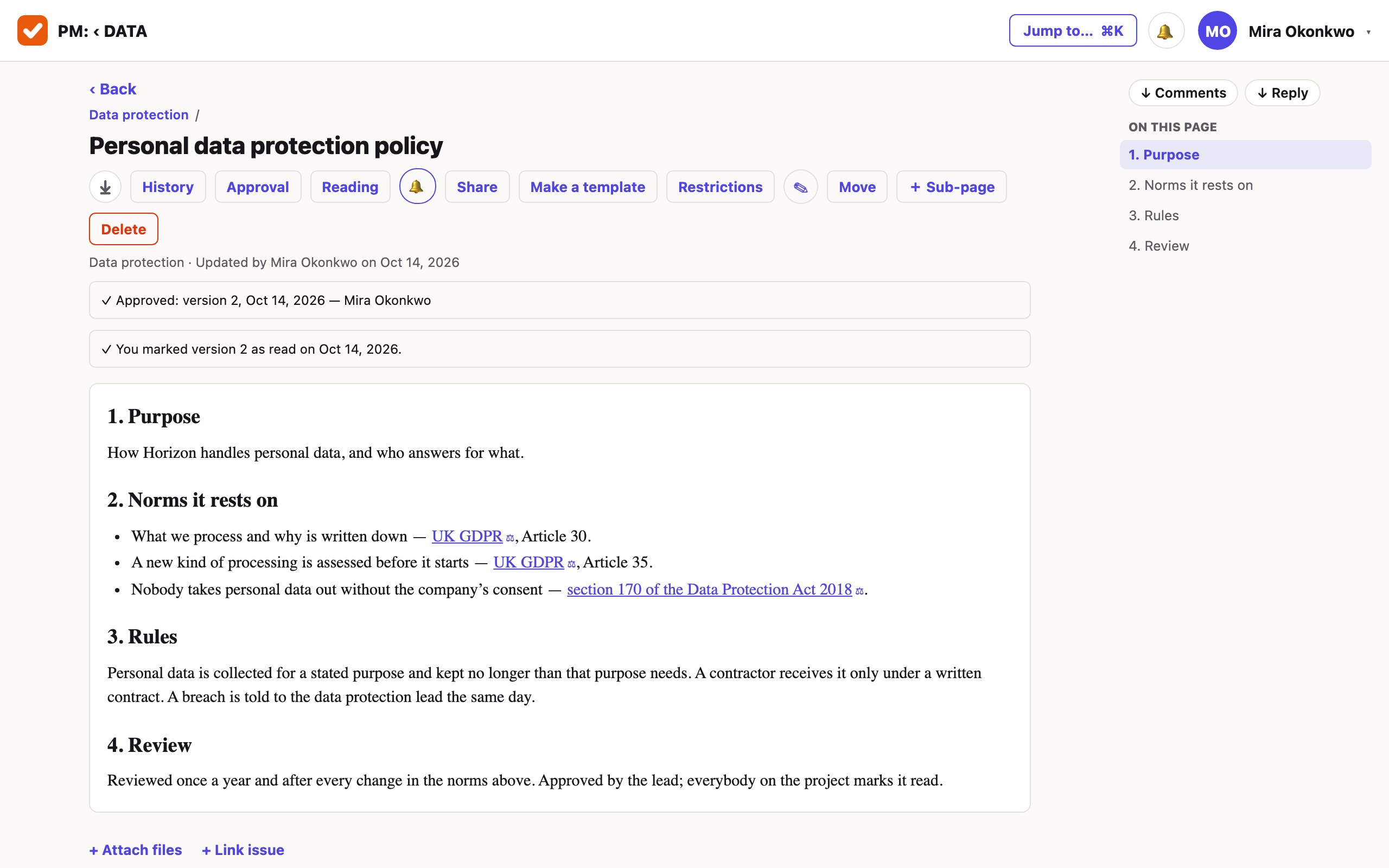 A wiki page titled «Personal data protection policy». Above its text a line reads «Approved: version 2» with the date and the approver’s name, and another says the reader marked version 2 as read. The text cites three acts, each with a scales mark.