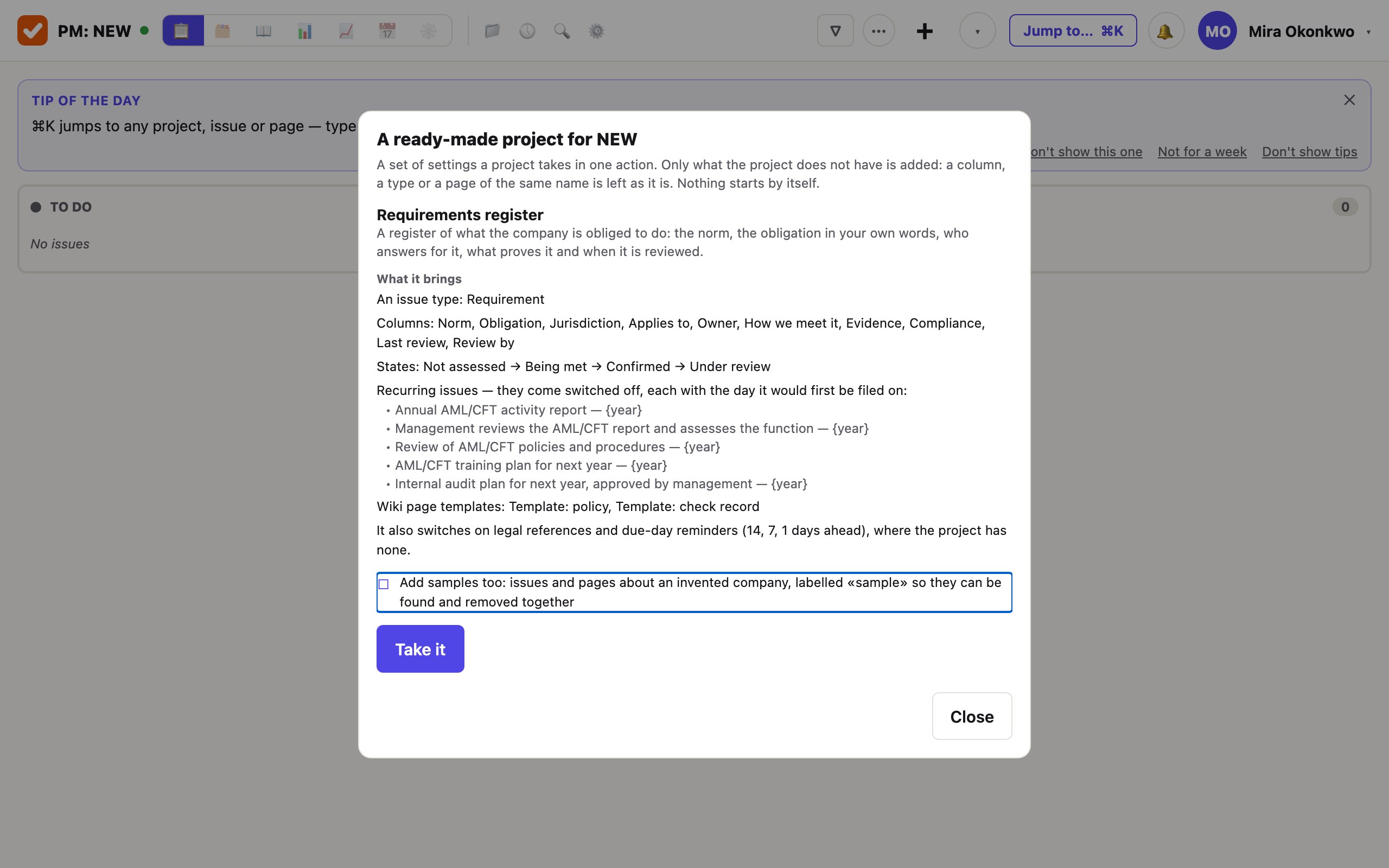 A sheet titled «A ready-made project» describing the requirements register: an issue type Requirement, ten columns, four states, five recurring issues that come switched off, two wiki page templates, and a tick box for samples.