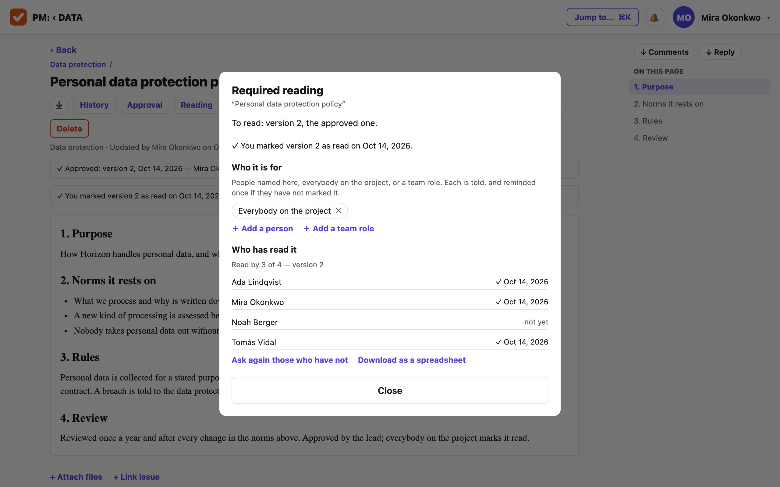 A sheet titled «Required reading» for the policy: to read, version 2, the approved one; for everybody on the project; read by 3 of 4, with three names dated and one marked «not yet»; and links to ask again and to download as a spreadsheet.