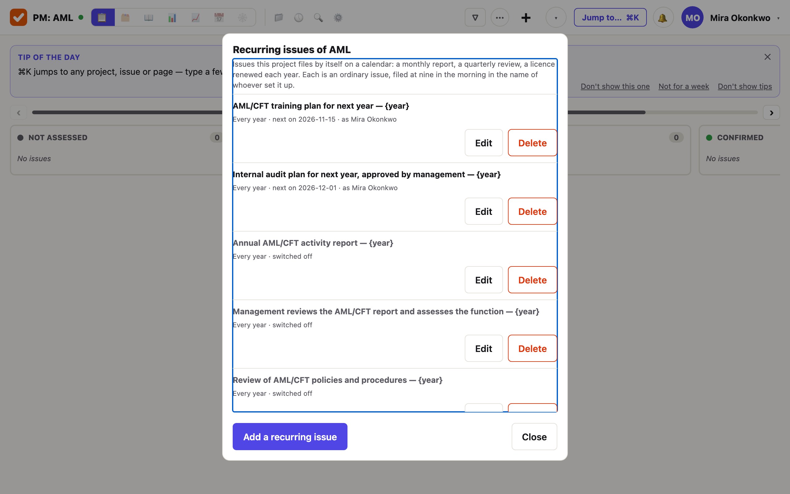 A sheet titled «Recurring issues» listing five yearly issues: a training plan and an audit plan with the day each is next filed, and an activity report, a management review and a policy review marked «switched off».