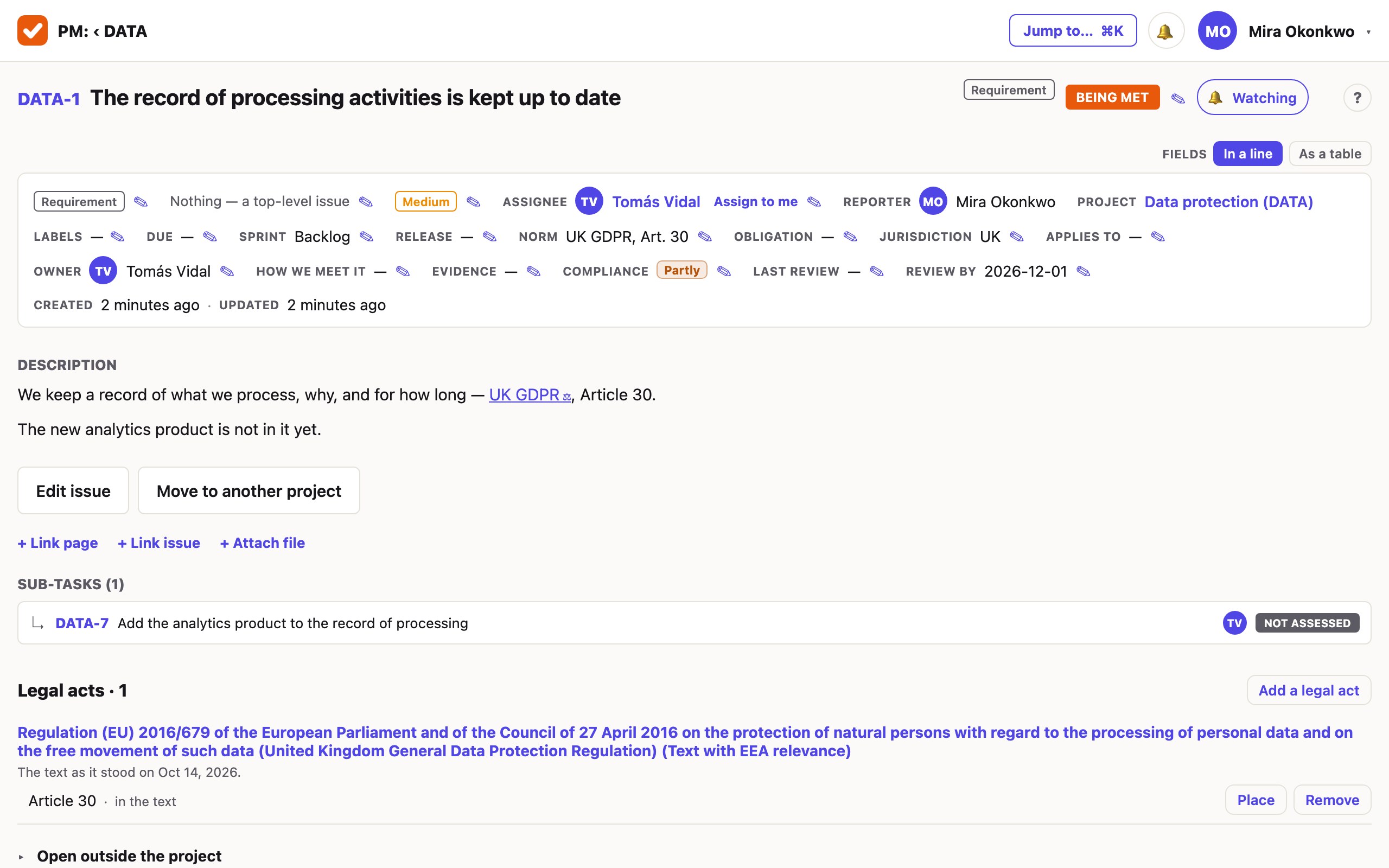 A requirement titled «The record of processing activities is kept up to date». Its fields show Norm: UK GDPR, Art. 30; Jurisdiction: UK; Owner; Compliance: Partly; Review by: 2026-12-01. Below, the description cites the act and a sub-task is listed.